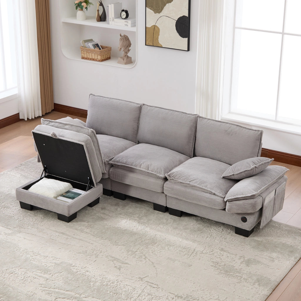 Divano modulare a 3 posti in tessuto a coste con ampia seduta, pouf, USB-C e tasche laterali, grigio chiaro