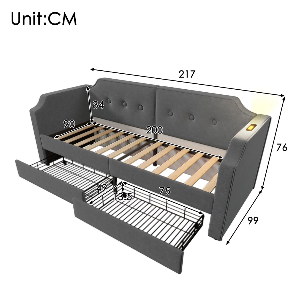 Letto 90x200 cm con 2 cassetti, USB e USB-C, luce da lettura in velluto grigio