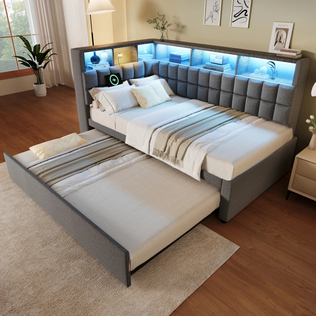 OKWISH Letto estraibile 90×200 cm, Letto Singolo con LED Regolabile, USB e Type-C, Altoparlante Bluetooth, senza Materasso, Lino Grigio