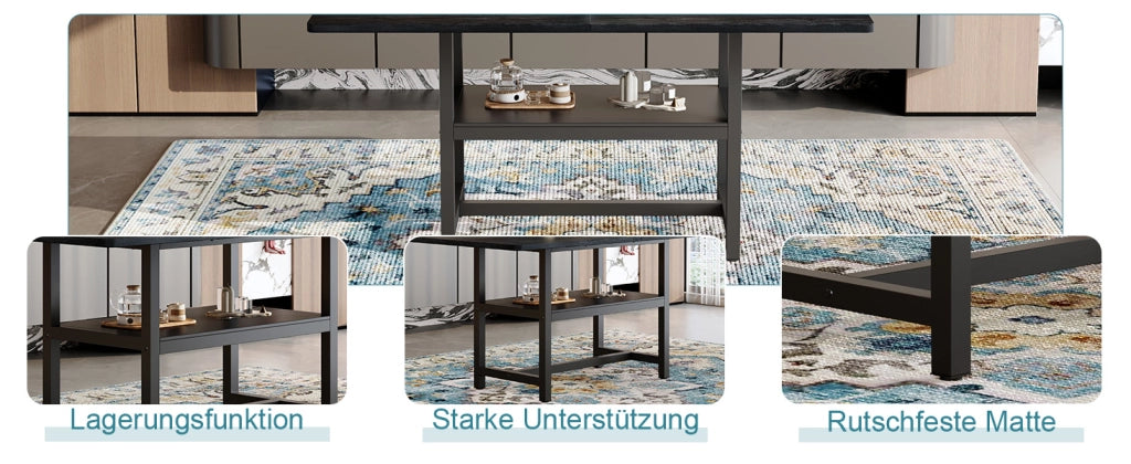 Tavolo da pranzo per 4 o 6 persone con ripiano contenitore, stile moderno, in MDF e metallo, nero, 160 × 90 × 76 cm