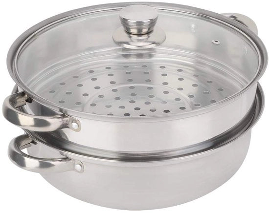 Pannello di vapore con coperchio in vetro - Doppia parete - Acciaio inossidabile - Maniglia ergonomico - Capacità di carico 15 kg - Progettazione duratura - Impianto di vapore