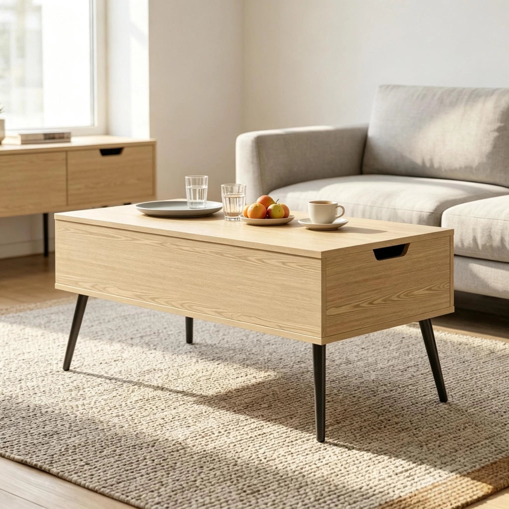 Tavolino basso sollevabile con 2 vani nascosti, per soggiorno e ufficio, nero ed effetto legno, 100 × 50 × 43,6 cm