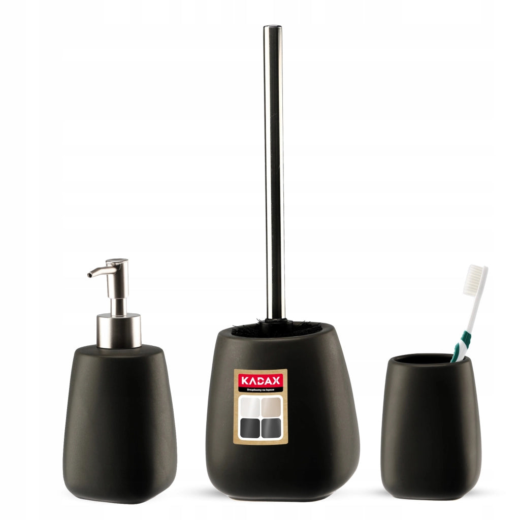 Set da bagno KADAX 3 in 1 con dispenser di sapone per WC, spazzolino e bicchiere, colore nero.