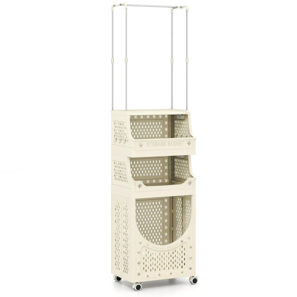 Carrello portabiancheria 40 x 30 x 158 cm con 2 cestini e 8 ganci design moderno beige PP 20_0019096