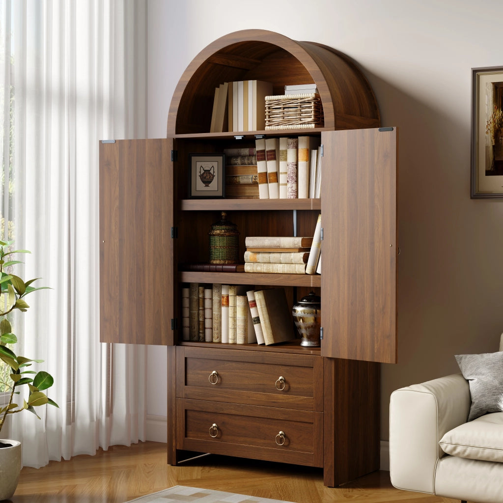 Credenza con 2 Cassetti e Ante in Rattan; Ripiani Regolabili; Stile Vintage; in MDF; 80??40??180 cm; Noce