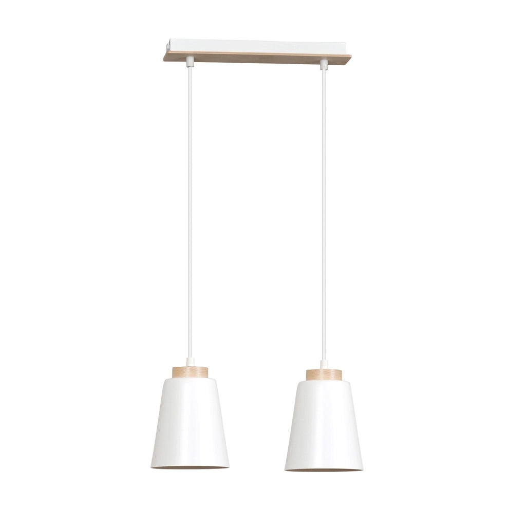 Lampadario 2 Luci Lancillotto Con Paralumi A Cono In Acciaio Bianco E Legno Naturale