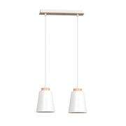Lampadario 2 Luci Lancillotto Con Paralumi A Cono In Acciaio Bianco E Legno Naturale