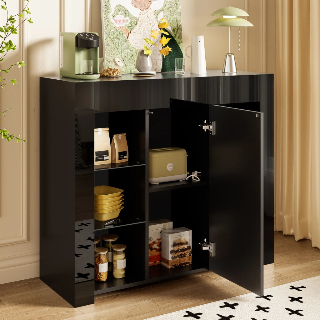 Credenza con 1 Anta e Ripiani in Vetro; Frontale Lucido; Stile Moderno; in Pannello Truciolare; 95??35??83 cm; Nero