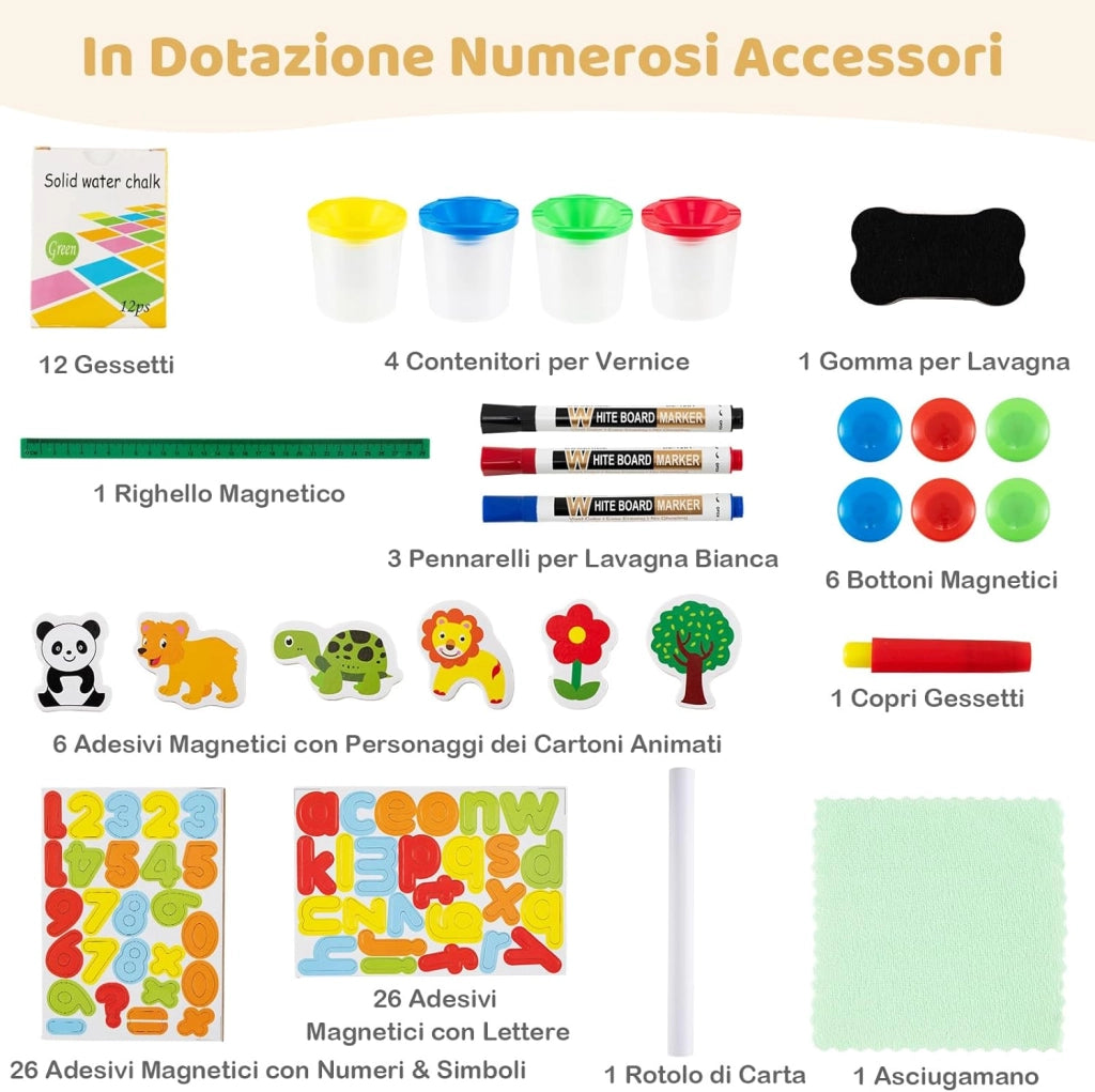 3 in 1 Cavalletto per Bambini, Cavalletto Artistico in Legno con Doppia Faccia Magnetico, Lavagna Bianca, Lavagna Nera e Rotolo di Carta, Pieghevole e Altezza Regolabile
