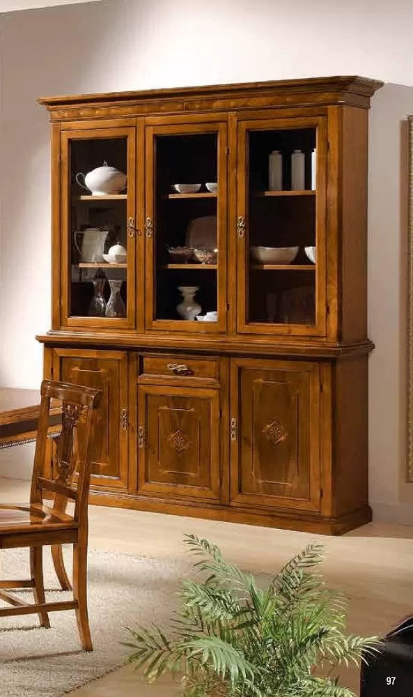 Cristalliera classica legno 3 porte intarsio bassano 175x49x222 - Mobili 2G