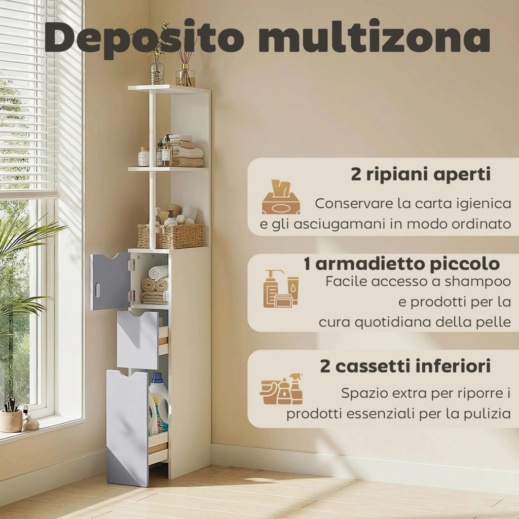 Colonna Bagno, Mobile Bagno Salvaspazio in Legno, Mobiletto con Armadietto, Ripiani e Cassetti, 15x33x136.8 cm, Grigio Chiaro