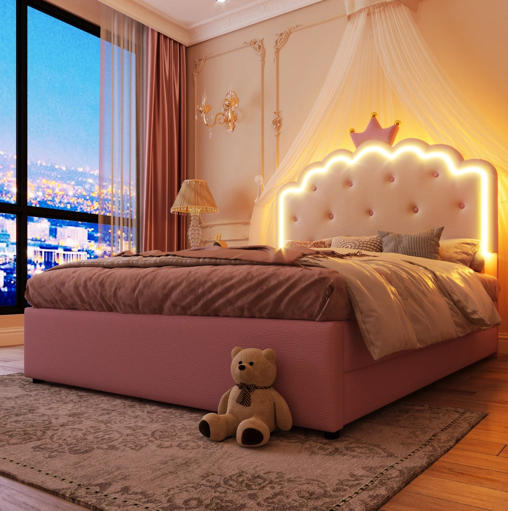 Letto 140x200 cm rosa – LED, letto estraibile e 2 cassetti, senza materasso