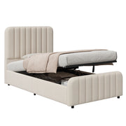 Letto singolo imbottito 90x200 cm con sollevamento idraulico, rete a doghe, testiera trapuntata e vano contenitore, beige