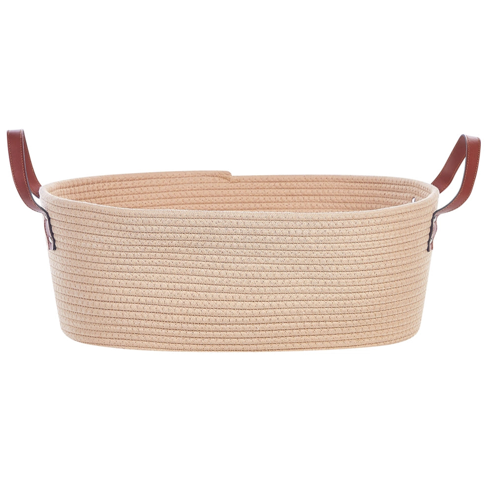 Set di 2 ceste portaoggetti in cotone beige realizzati a mano con maniglie in pelle