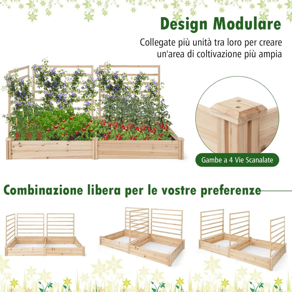Letto Rialzato da Giardino con 2 Cassoni per Piantare e 3 Tralicci, Aiuola Rialzata da Giardino in Legno per Fiori, Erbe, Verdure, Frutta e Viti Rampicanti, 222 cm x 114 cm x 110 cm