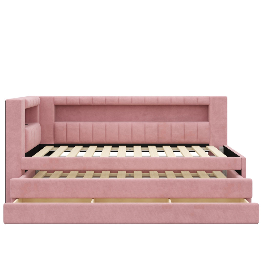 LETTO Imbottito 90x200 cm Rosa con LED, USB, Letto Estraibile e 3 Cassetti