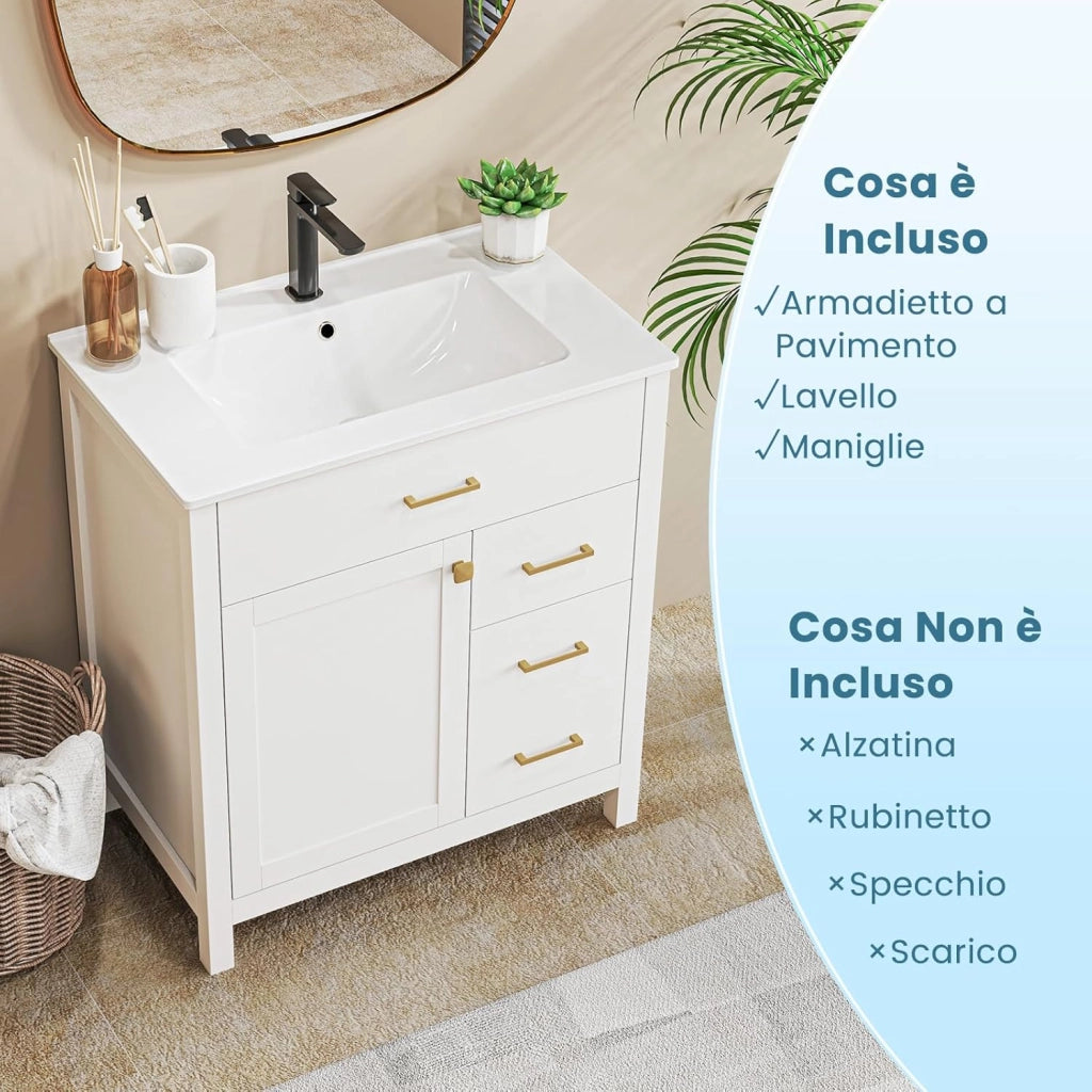 Mobile Sottolavabo per Bagno, Mobiletto da Bagno con 2 Cassetti e 2 Ante, Mobile da Bagno a Terra con Lavandino in Ceramica, 76 x 46,5 x 86 cm, Bianco