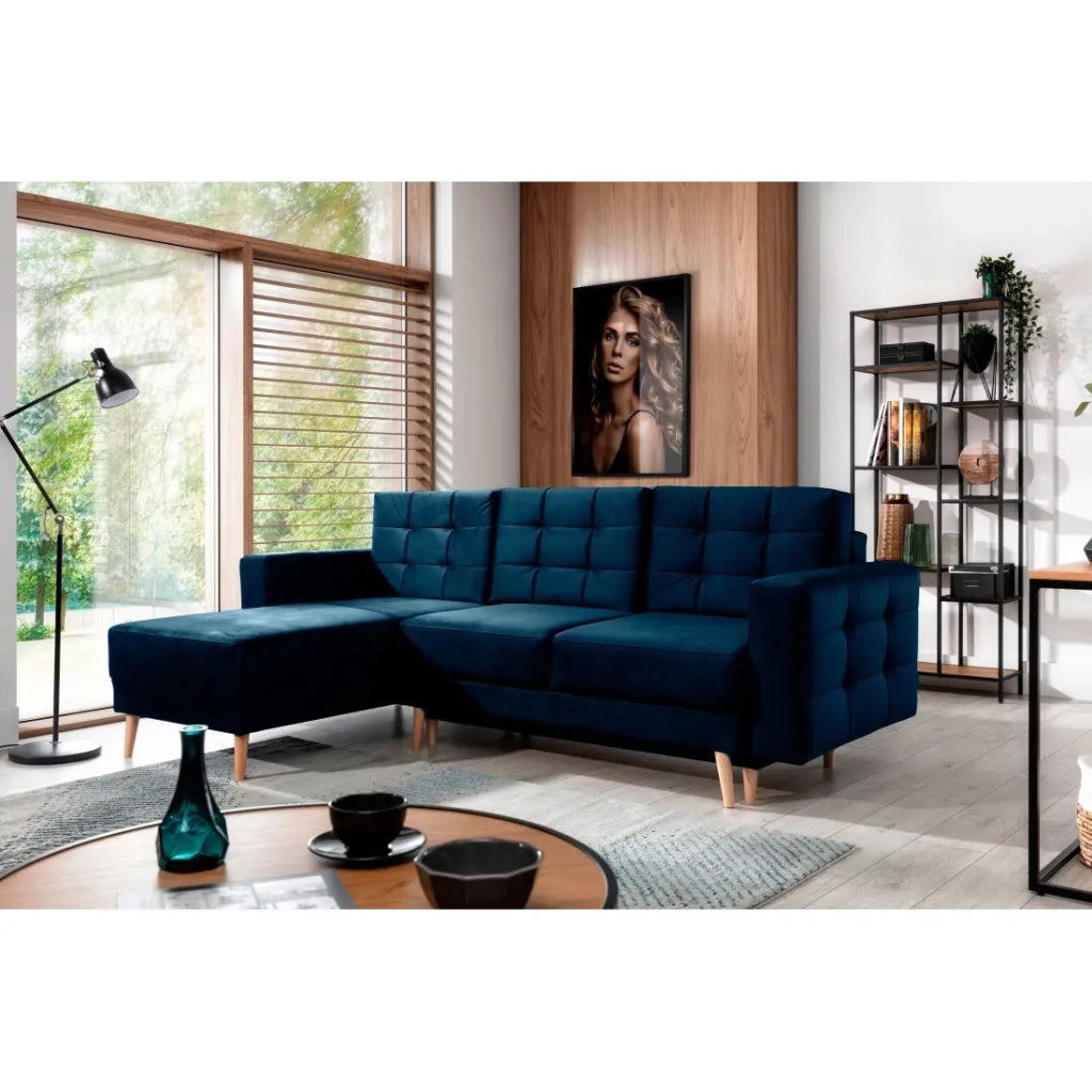 Divano angolare trasformabile HASGARD 3 posti blu scuro 248x162 cm - con contenitore e piedi in legno