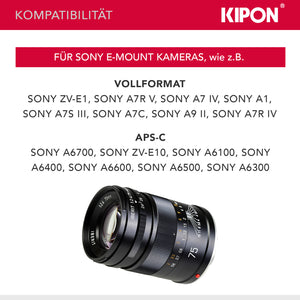 Kipon Obiettivo full frame Iberit 75 mm F2,4 – compatibile con Sony E – Obiettivo fotografico con cinque lunghezze focali, 24-90 mm, sensori APS-C, corpo robusto