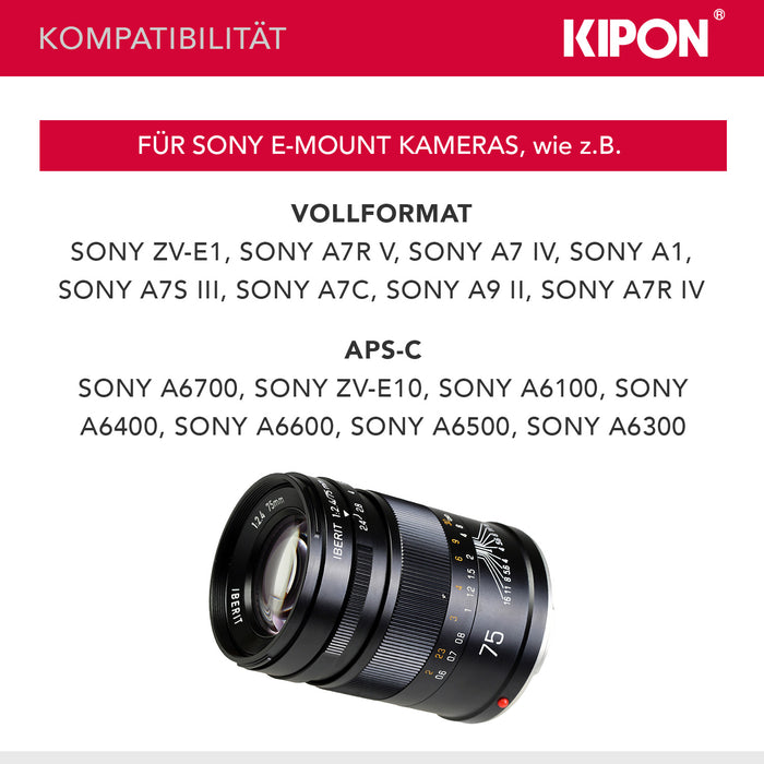 Kipon Obiettivo full frame Iberit 75 mm F2,4 – compatibile con Sony E – Obiettivo fotografico con cinque lunghezze focali, 24-90 mm, sensori APS-C, corpo robusto