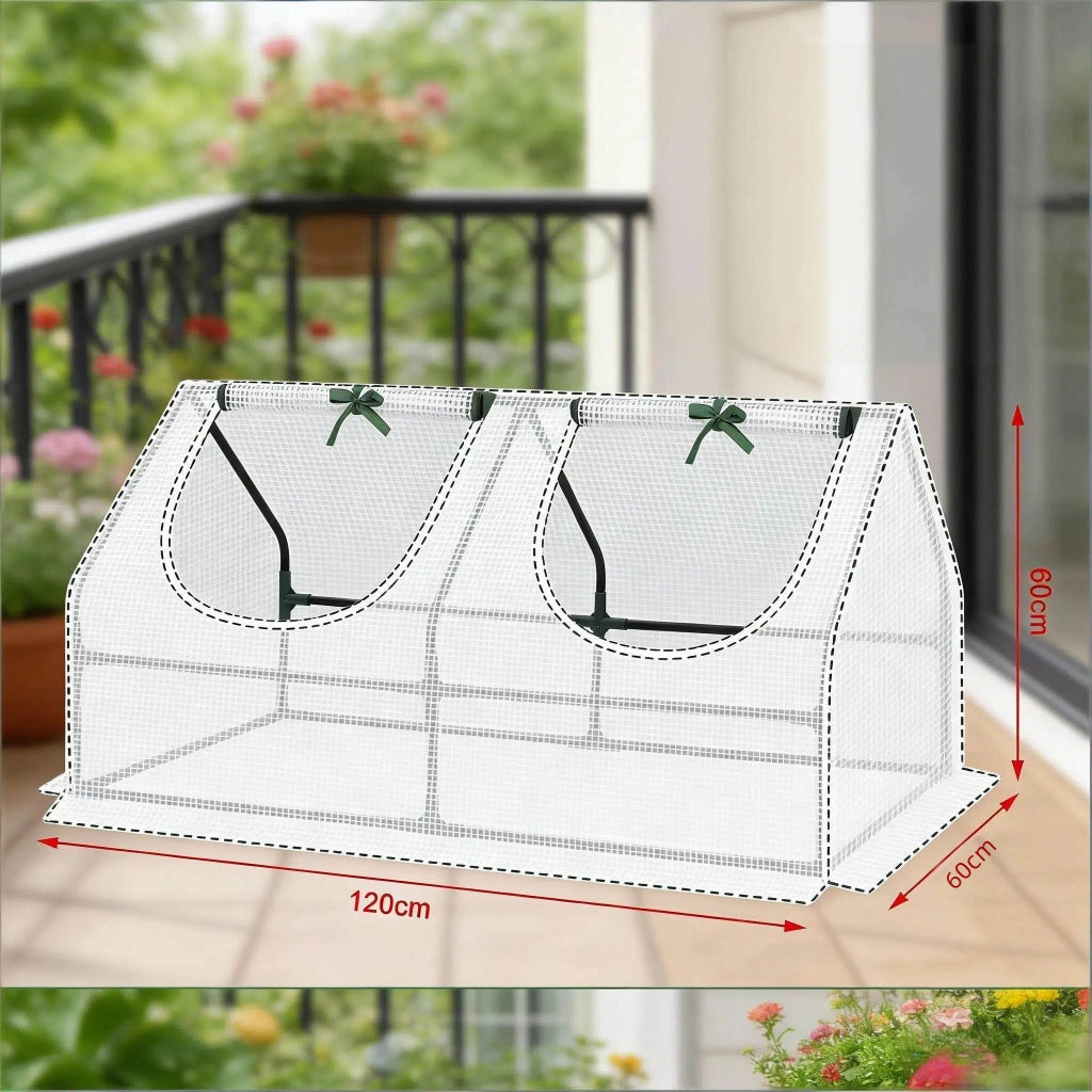Serra a tunnel con 2 finestre arrotolabili e tetto a punta in acciaio e polietilene verde 120 × 60 × 60 cm