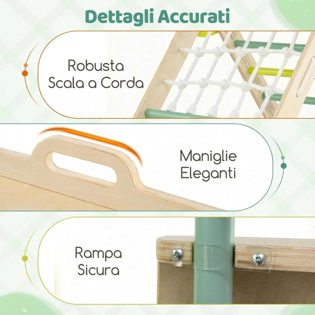 7 in 1 Set da Arrampicata per Bambini, Giocattoli da Arrampicata in Legno con Rampa Scala e Arco, Gioco del Labirinto, Giochi Montessori per Bambini 1 Anni + (Rana 3 Pezzi con Rete, Verde)