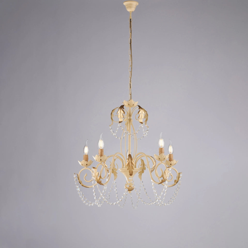 Lampadario in ferro laccato avorio con decorazione effetto decapè e rifiniture oro antico con strass in cristallo 5 luci