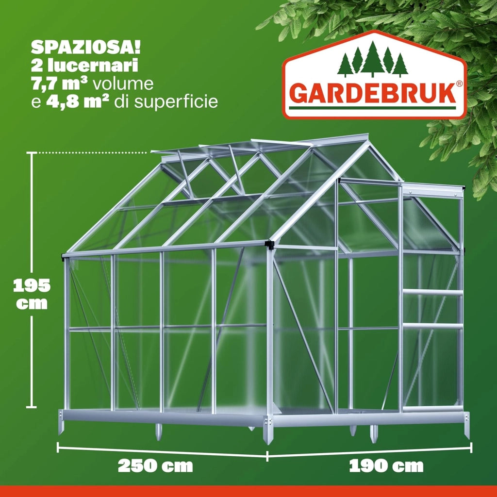 ® Serra da Giardino in Alluminio 4,8m² 250x190cm incl. 4 Lucernari Coltivazione Orto per Piante Giardinaggio 7,7m³