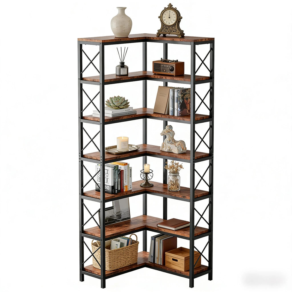 LIBRERIA Angolare 117x29x30 cm Metallo e Legno Nero e Marrone Rustico
