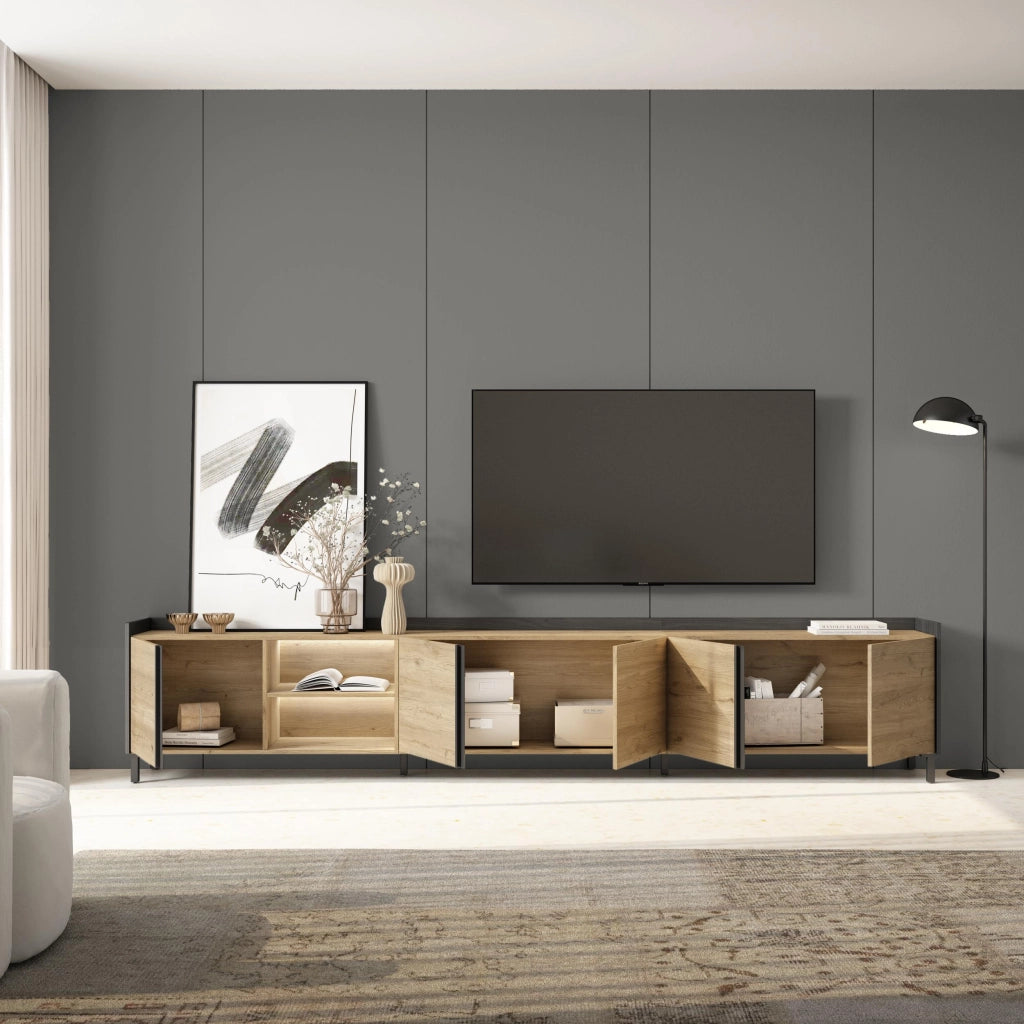 Mobile TV Soggiorno, 309x61x35 cm, Per TV fino a 80", Design industriale, LED, Rovere e nero