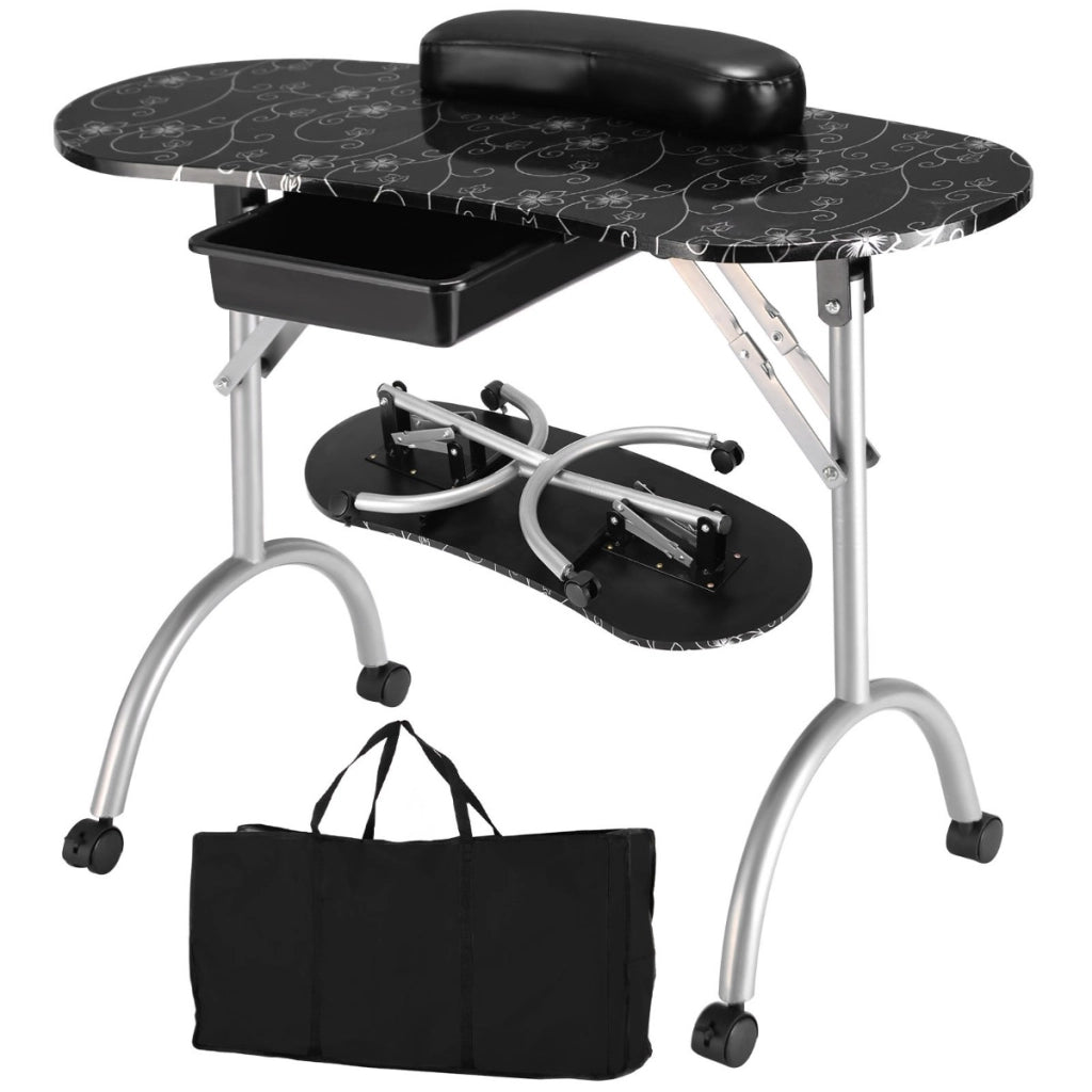 Tavolo da manicure pieghevole e portatile con 4 ruote bloccabili e grande cassetto, Postazione per salone di bellezza Nero-Massaggi e relax