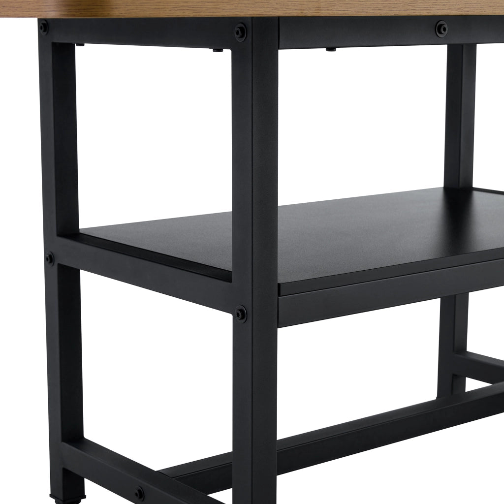 Tavolo da pranzo per 4-6 persone con ripiano integrato, struttura in MDF e metallo, nero e legno, 160 × 90 × 76 cm
