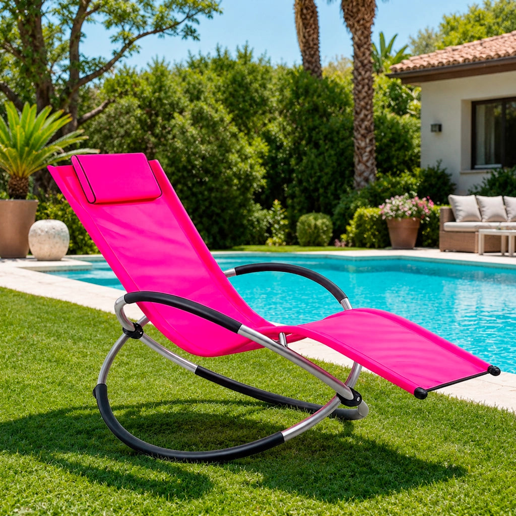 Poltrona A Dondolo Basculante Da Giardino Con Seduta Ergonomica Poggiatesta Removibile Telaio In Metallo Per Relax Outdoor 73 x 150 x 93 Cm Fuxia