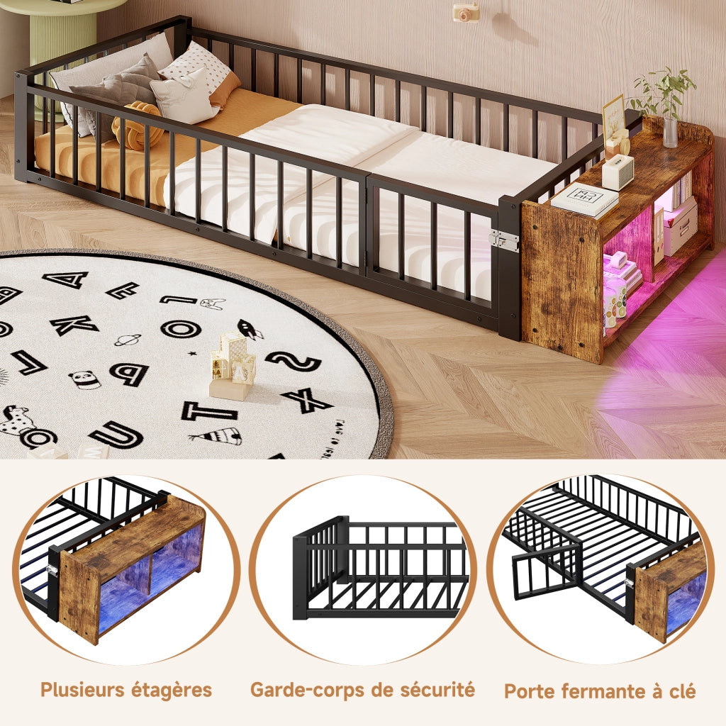 Letto in metallo con cassetti LED 90x200 MDF nero e metallo