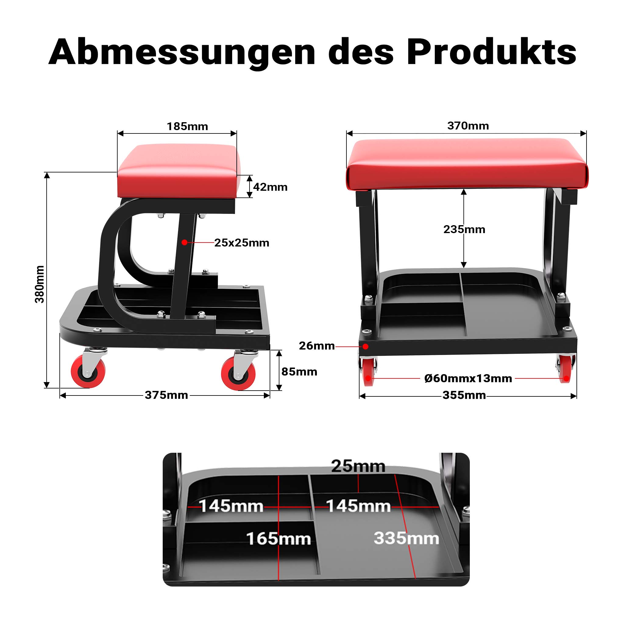 Sgabello per officina con ruote; sgabello di montaggio, carrello meccanico con ripiano porta-attrezzi