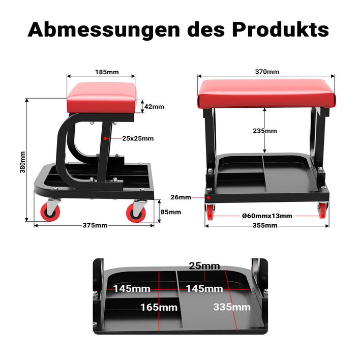 Sgabello per officina con ruote; sgabello di montaggio, carrello meccanico con ripiano porta-attrezzi