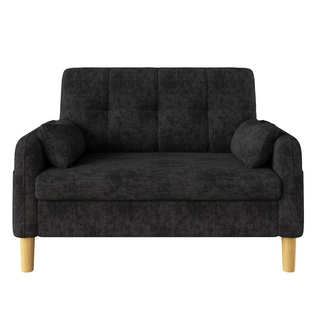 Divano 2 posti compatto 119x78x85 cm in ciniglia grigia con 2 cuscini e tasca laterale