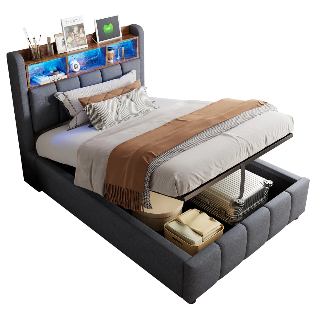 Letto imbottito con LED e porta USB Tipo C; contenitore idraulico 90x200 cm; grigio