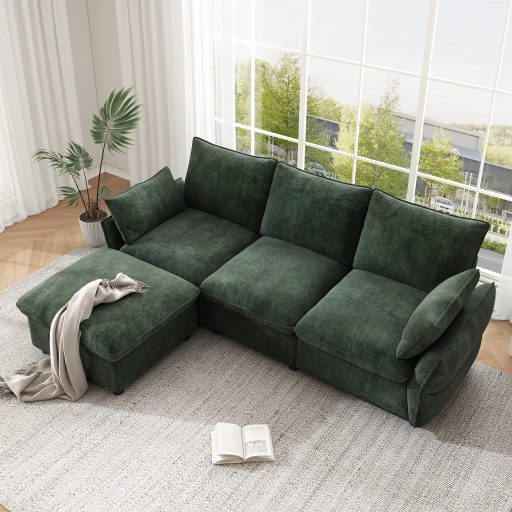 Divano angolare con hocker e 2 cuscini in chenille verde scuro 222.5 × 154.5 × 76.5 cm