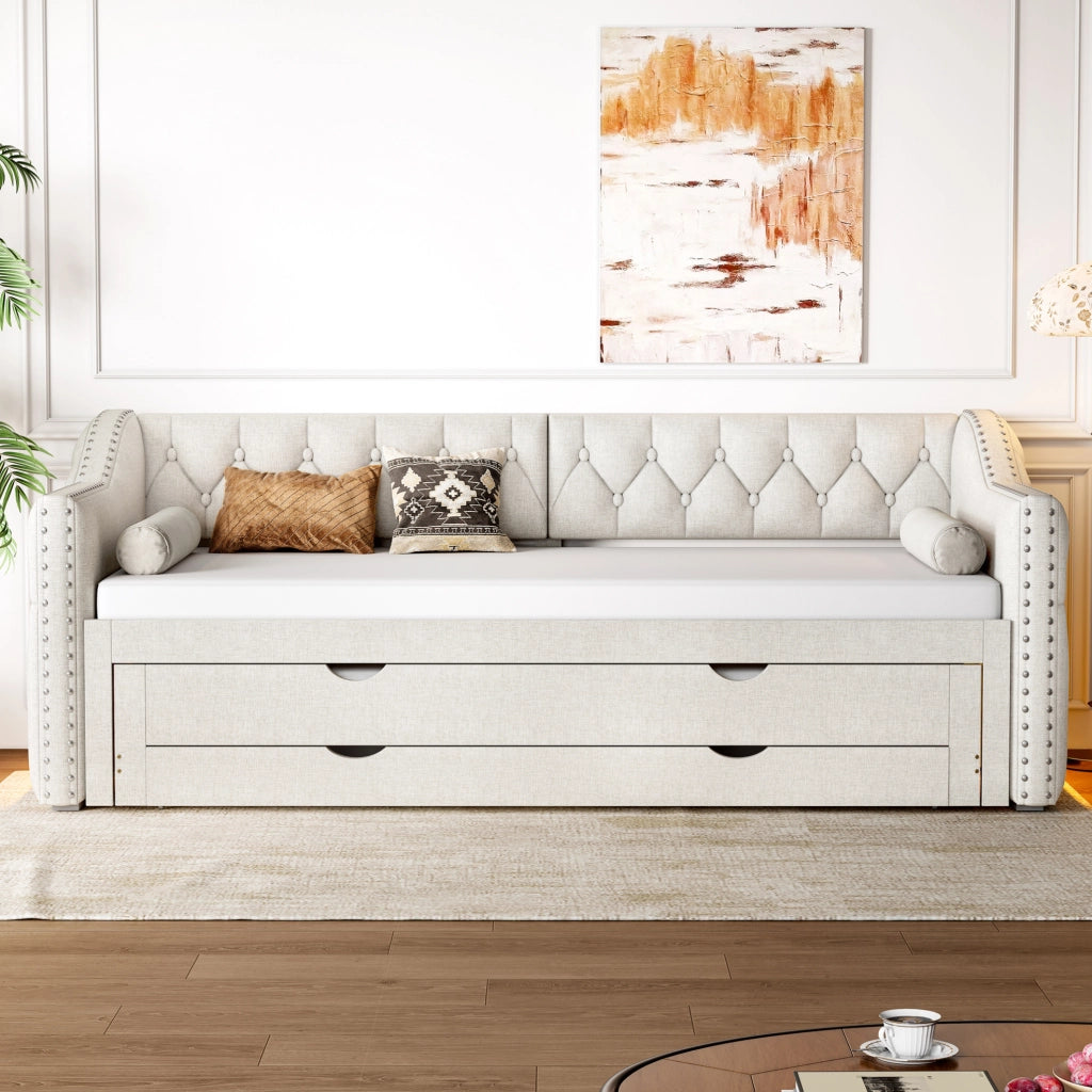 Letto a divano 90x200 con LED, letto estraibile e 3 cassetti