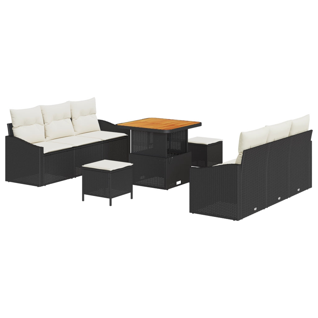 Set Divano da Giardino  a 9 pezzi con cuscini Nero Polyrattan Acacia