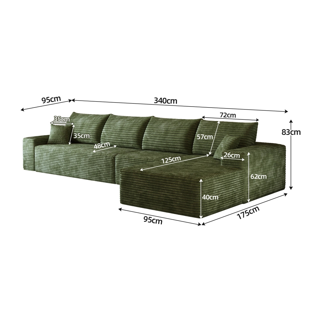 Divano modulare angolare con chaise longue e seduta profonda in tessuto verde