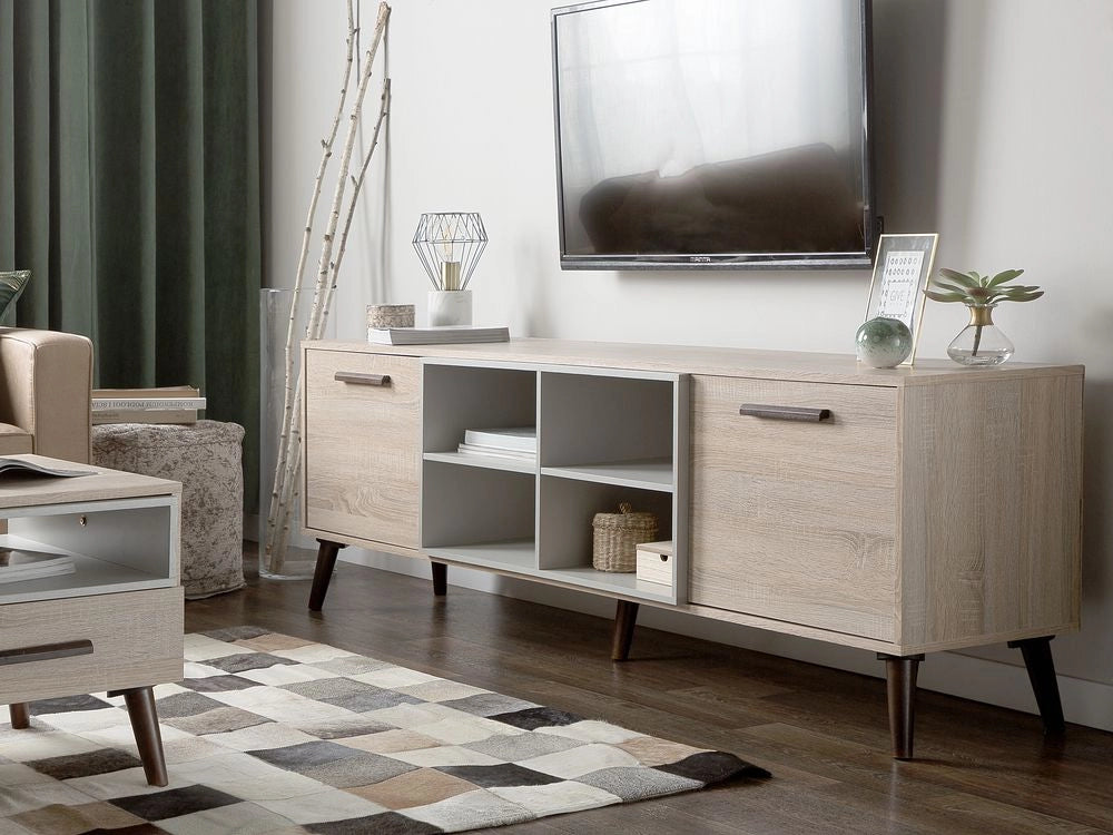 Mobile TV in legno chiaro con grigio per TV fino a 78ʺ con 2 ripiani
