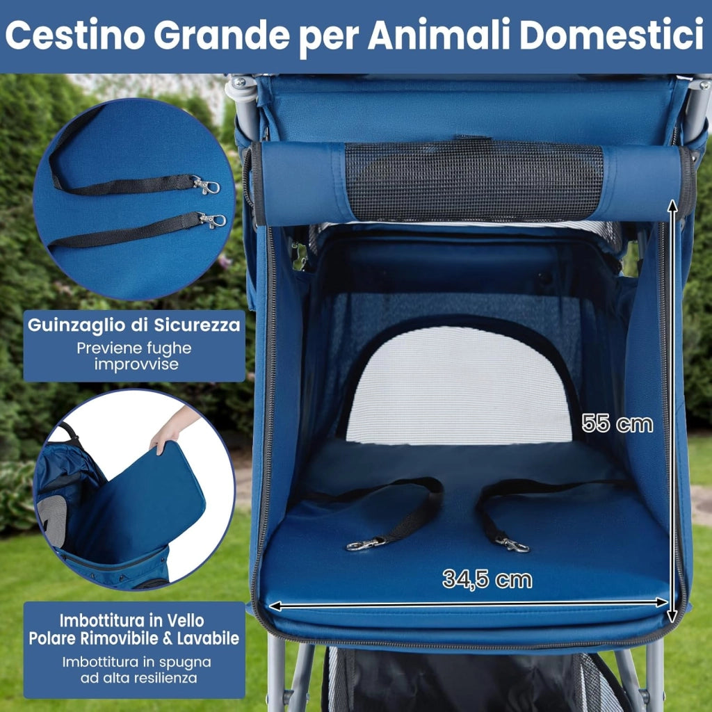 2 in 1 Passeggino per Cani, Carrozzina per Cani Pieghevole Facile con Portata Massima di 15 kg, 4 Ruote, Tetto Regolabile, Cuscino Rimovibile e Cestino Portaoggetti (Blu)