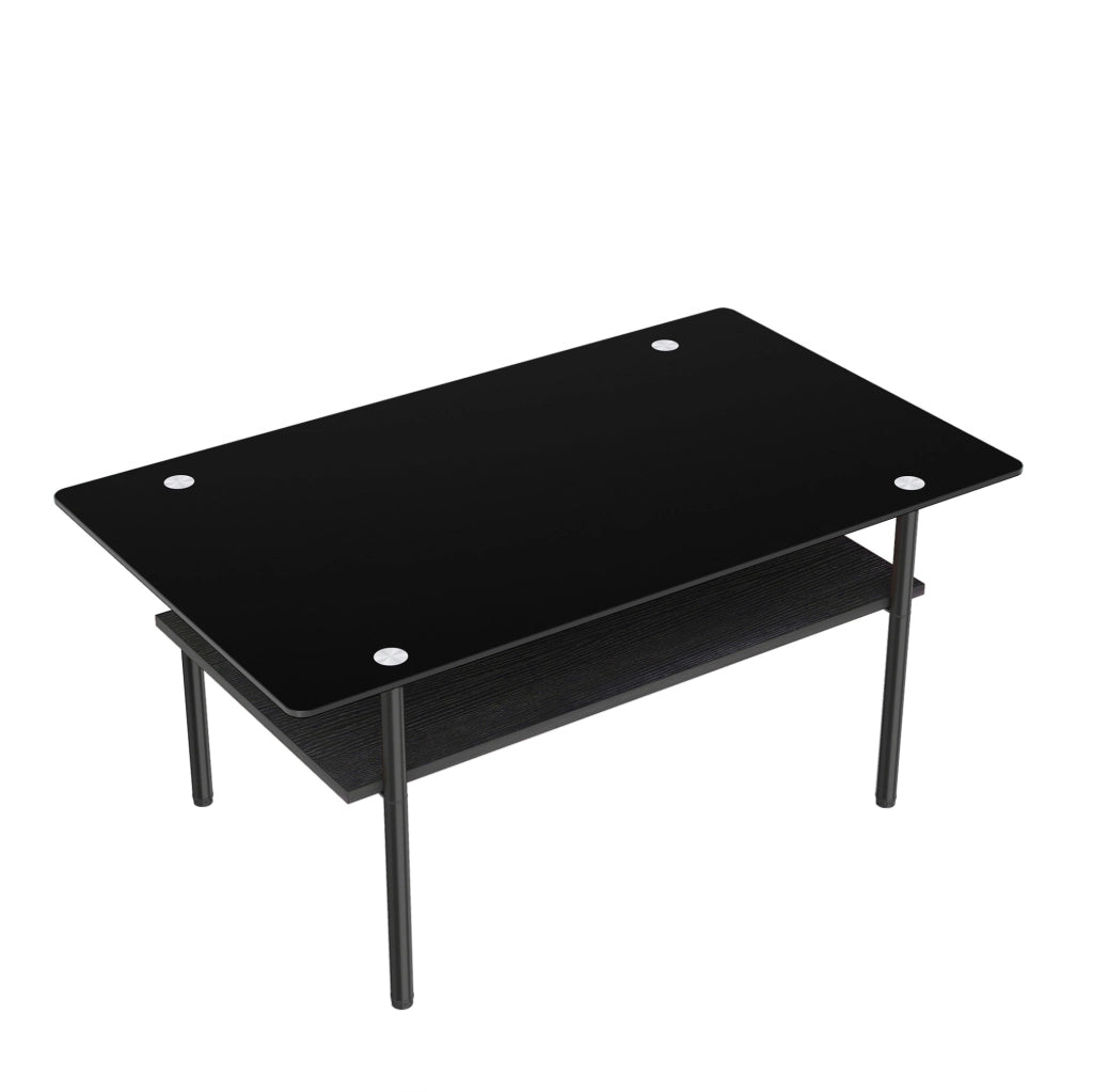 Tavolino da caffè 98x58x45 cm con piano in vetro nero; ripiano in MDF e struttura in metallo; nero
