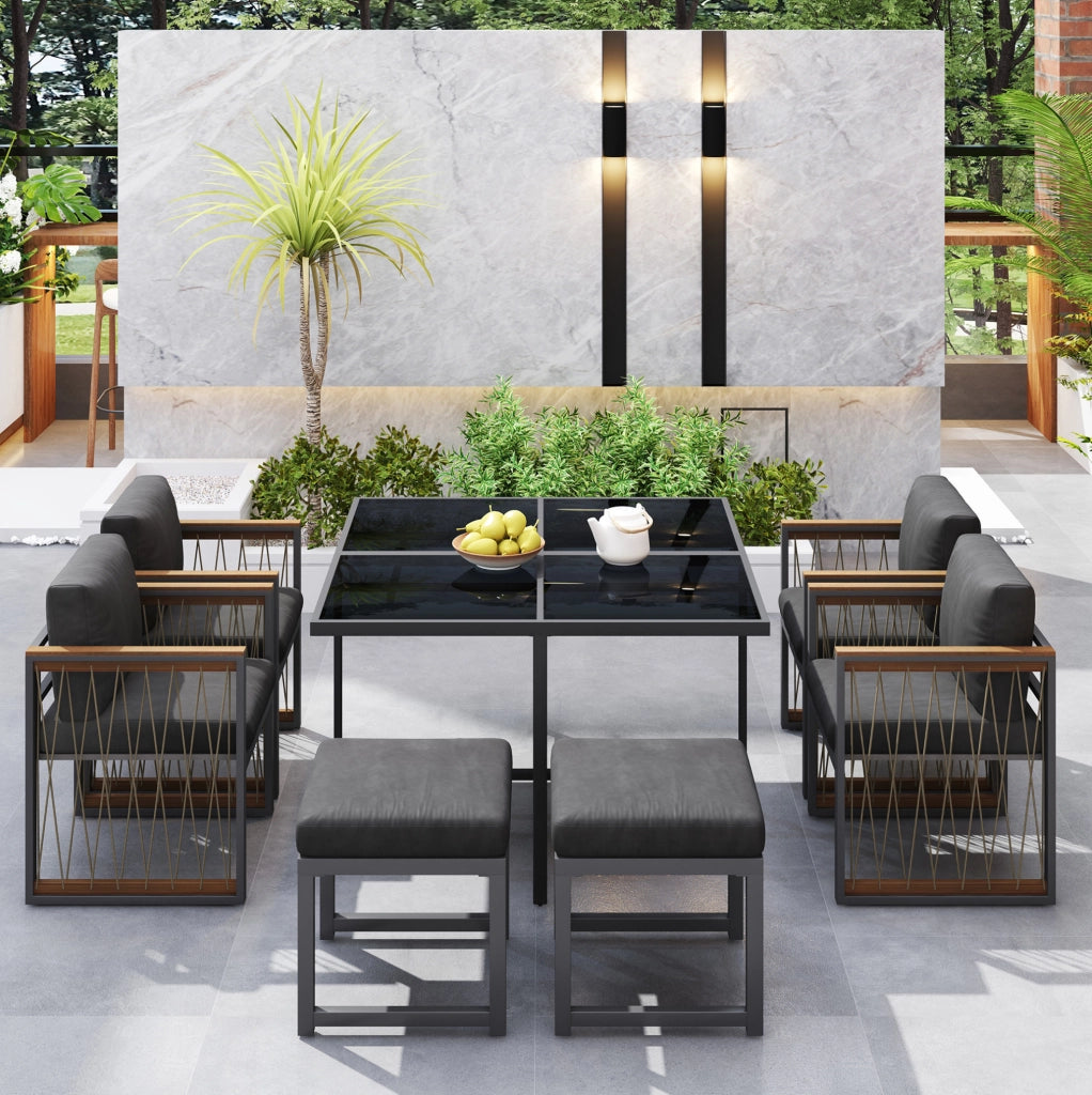 Set da giardino 7 pezzi per 6 persone， 117 x 117 cm， vetro temperato nero e legno