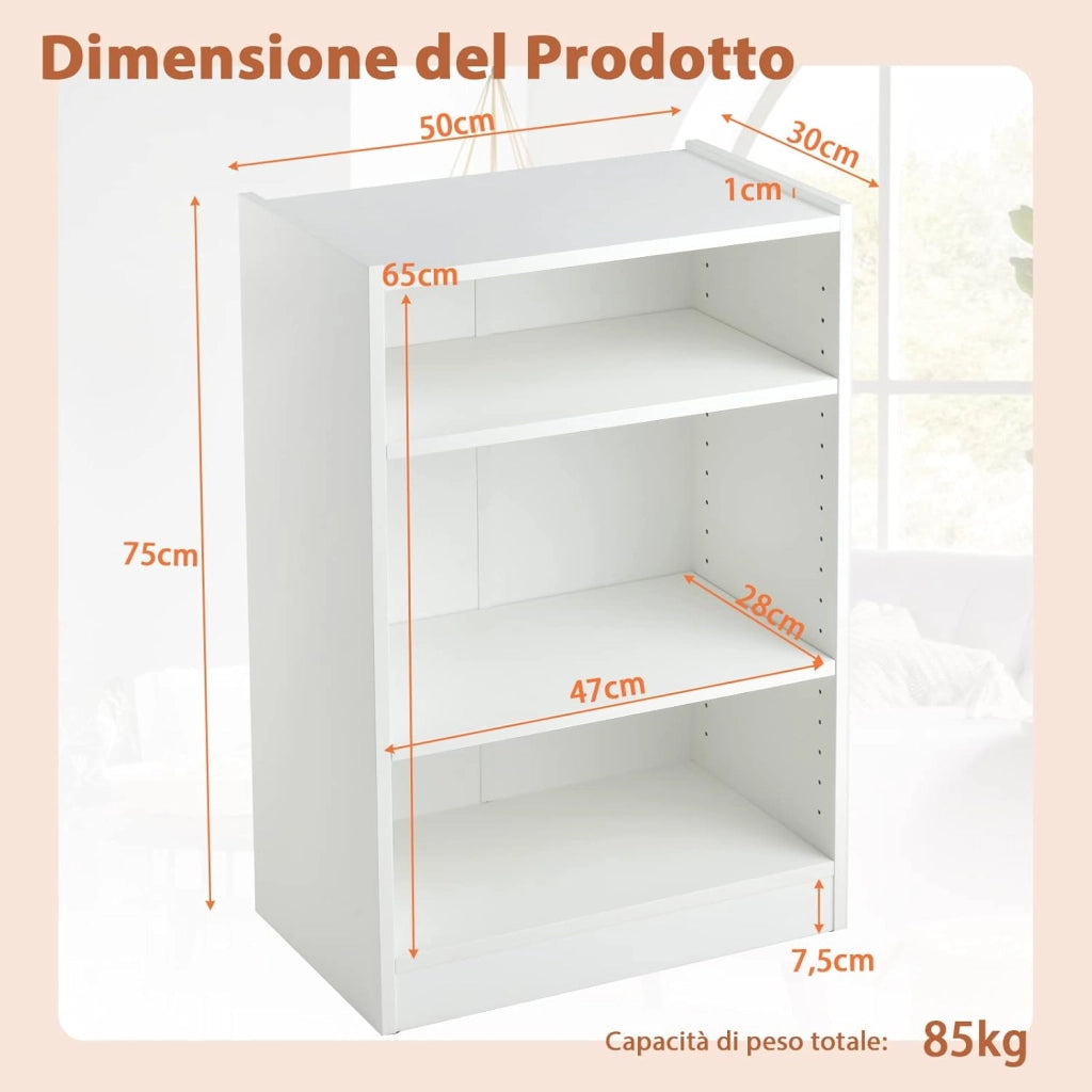 Libreria a 3 Piani, Scaffale Multifunzionale con Ripiani Regolabili e Dispositivo Antiribaltamento, per Soggiorno, Camera da Letto, Studio, 50 x 30 x 75 cm (Bianco)