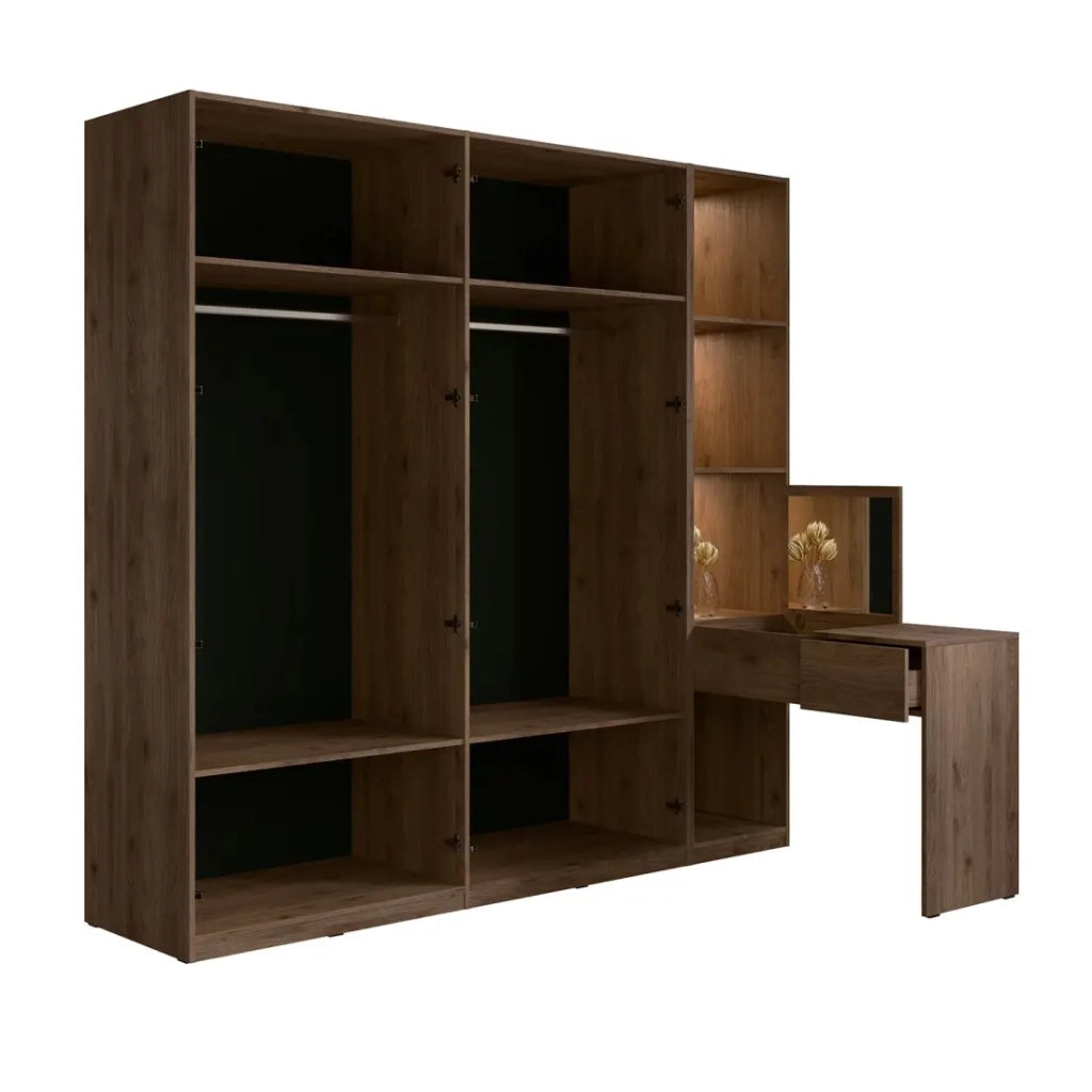 Armadio 4 porte con toeletta integrata NORVIK - Noce e nero - Specchio, LED e compartimenti inclusi