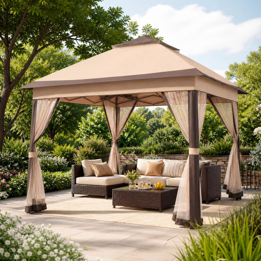 Gazebo Rapido Da Giardino Pop Up 3.33 x 3.33 Metri Altezza Regolabile Da 2.7 A 2.9 M Con Zanzariere Removibili Apertura Rapida E Borsa Trasporto Per Eventi Patio Piscina Campeggio Feste Kaki