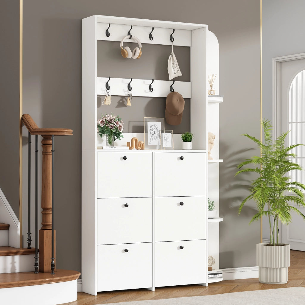 Mobile ingresso con 6 scarpiere a ribalta; 8 ganci e 5 ripiani - 120x24x200 cm - bianco